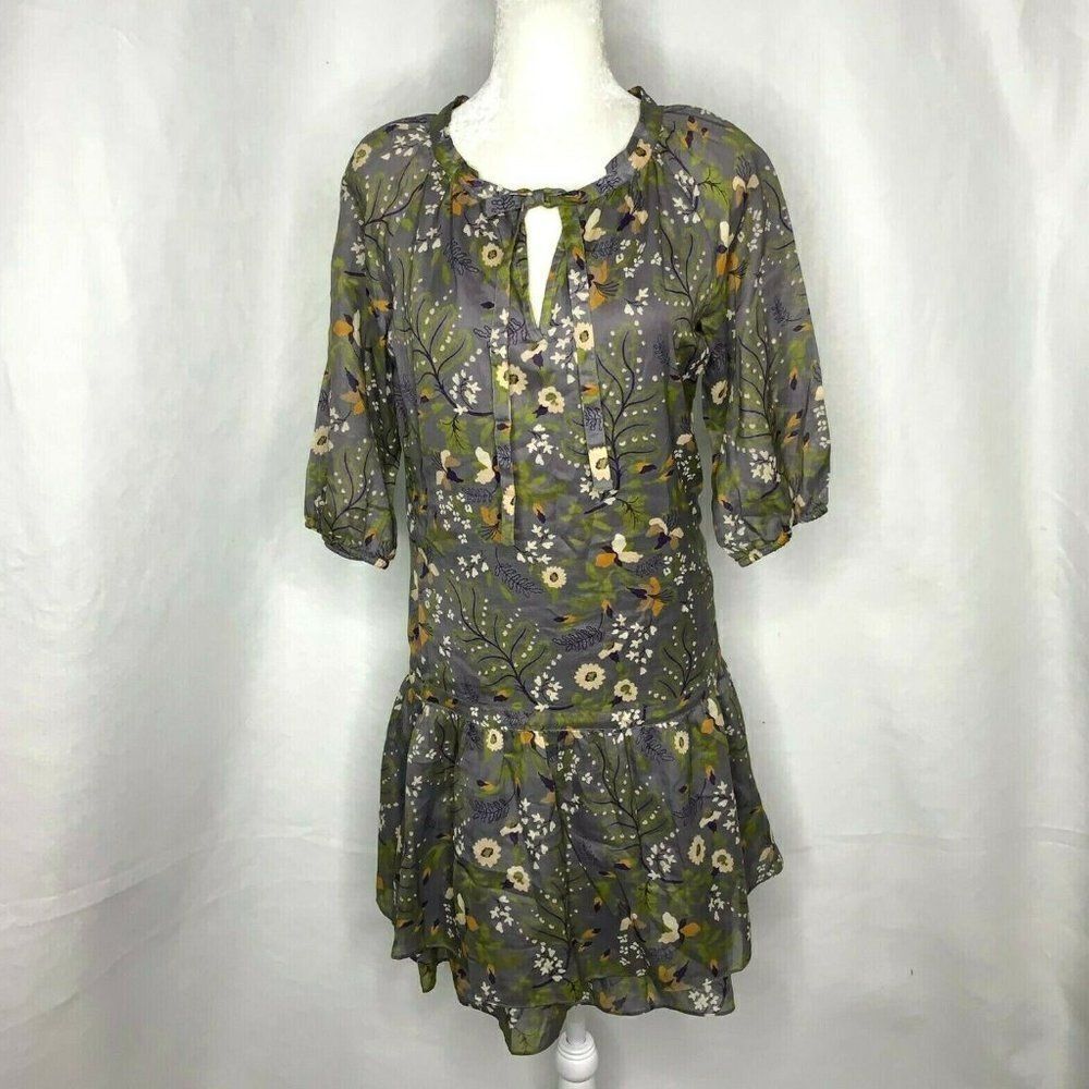 Gap Floral Shift Dress S Grey 3/4 Sleeves Tie Neck